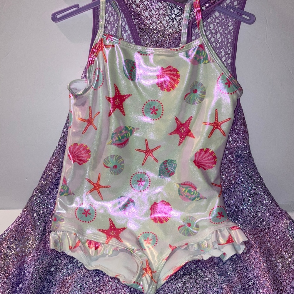 btween Seashell Print Swimsuit with Shimmering 23” Coverup‎ Dress Size 6